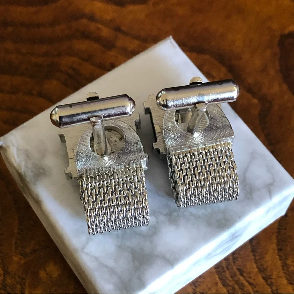 Vintage Swank hematite silver mesh wrap style cuff links